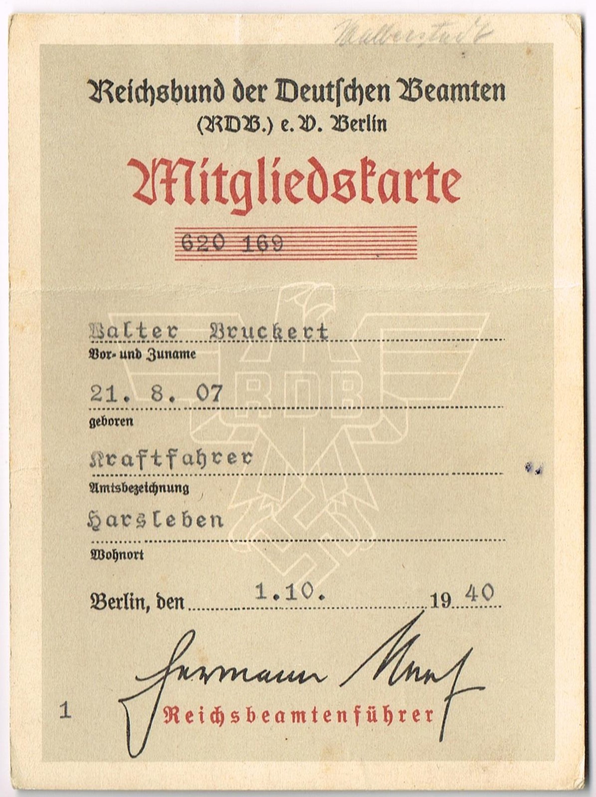 Photo Mitgliedskarte - Reichsbund der deutschen Beamten (RDB) e.V. Berlin